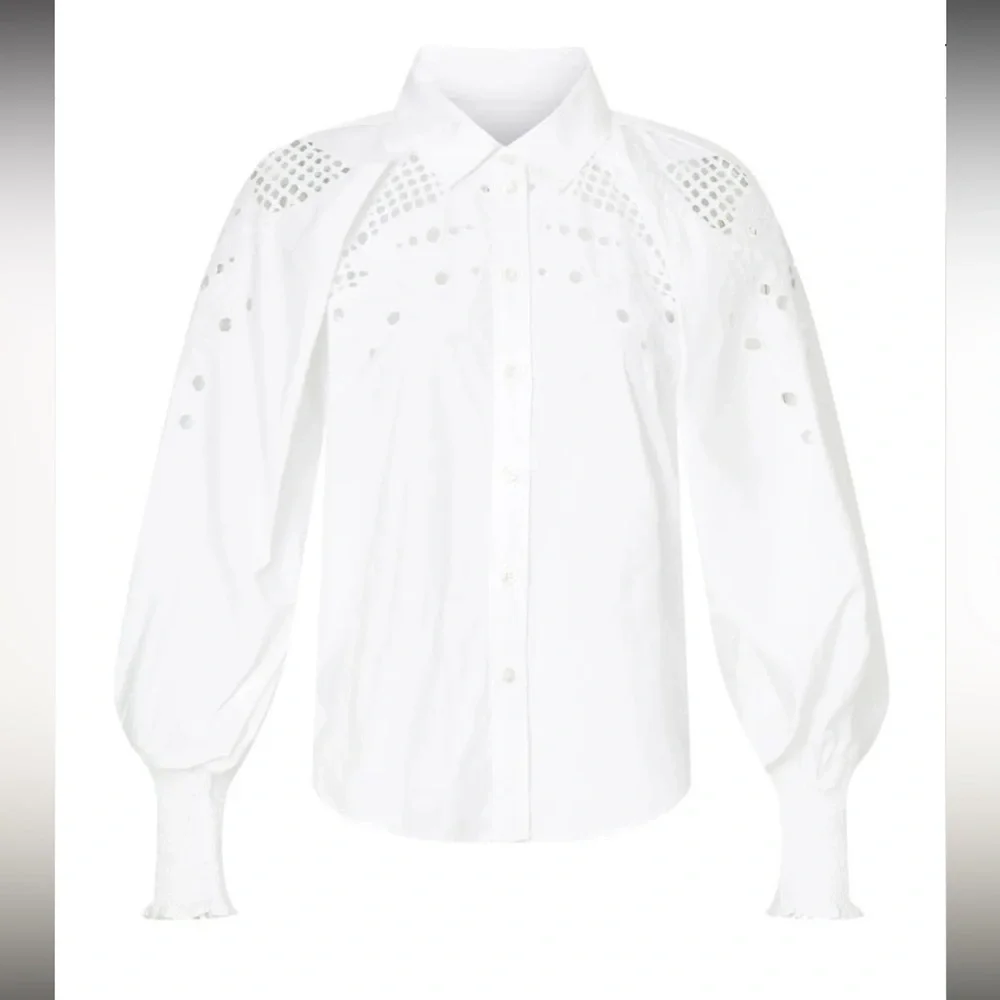 Veronica Beard Lilah Lace Cut Out Geometric Abstract White Eyelet Blouse Size 4 - Picture 5 of 11